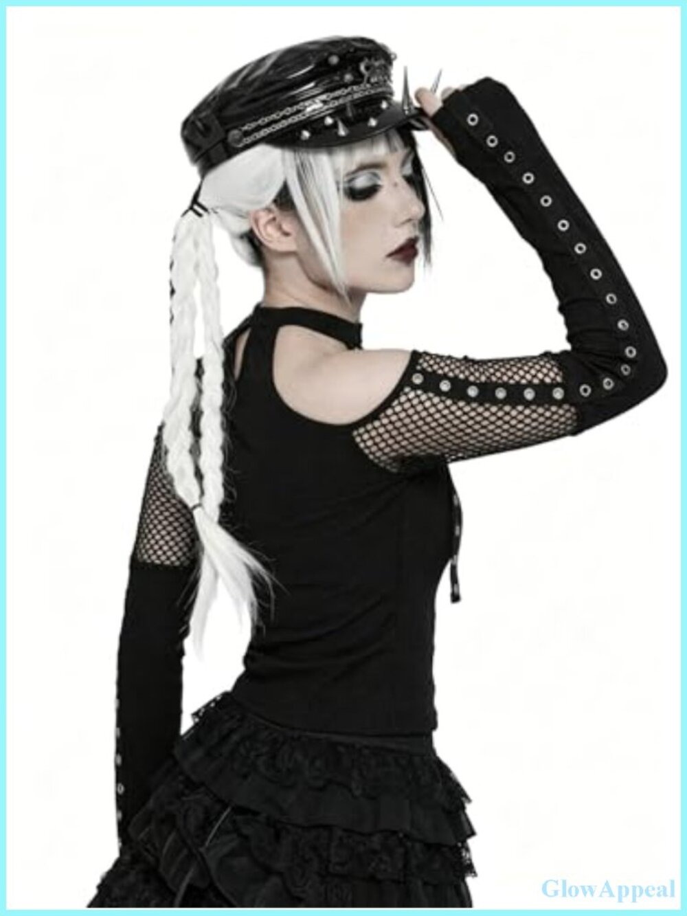 Gothic Crop Top with Fishnet Mesh, Cold Shoulder Punk Halter Neck Blouse - Picture 3 of 6